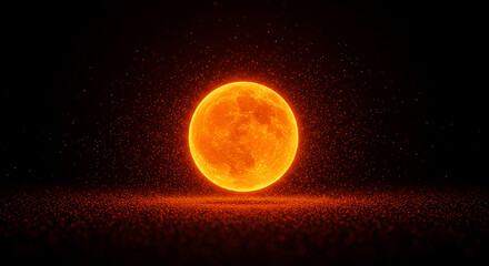 A glowing orange sphere surrounded by particles on a dark background with a surface below