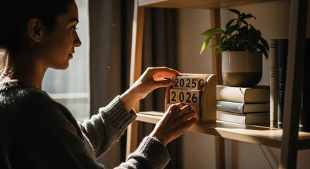 Woman adjusting a wooden calendar on a shelf. Sunlight streams in through a window