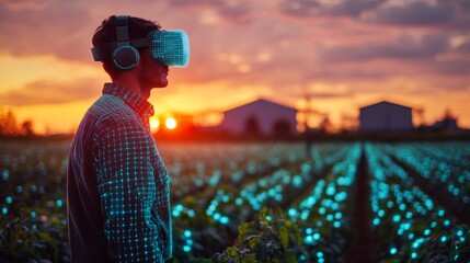 A person wearing VR glasses against the backdrop of a sunset and a glowing field symbolizes the future and innovation in agriculture. Suitable for topics related to technology and virtual reality.