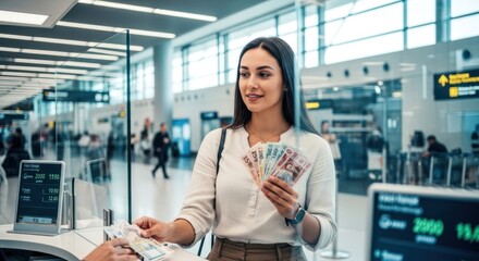 Woman exchanging currency at an airport kiosk