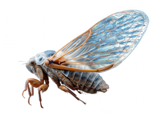 Detailed macro view of a cicada insect with blue wings isolated on transparent background