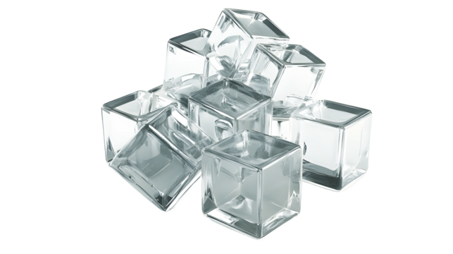 A cluster of transparent interlocking cubes abstract shape, 3d render style, isolated on a transparent  background