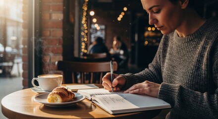 Woman writing in cafe, sunlight streams in