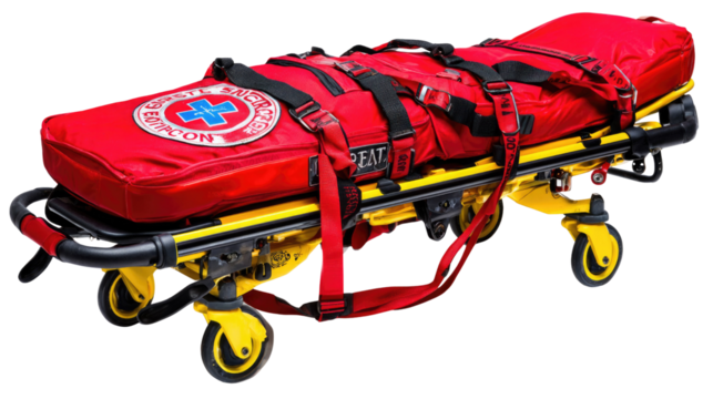Red Emergency Stretcher with Straps Ready for Medical Transport in First Aid Situations and Rescue Operations