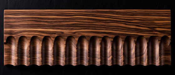 Wood texture with wave-like cutouts, abstract background for furniture design and decorative elements.