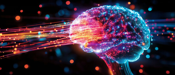 An abstract digital background with a brain made of glowing threads and particles, symbolizing innovation and technology — for articles on science, artificial intelligence, futurism,  