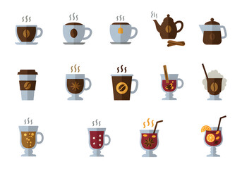 Assorted hot drink icons flat design style collection