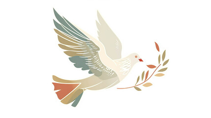 Peace dove flying with olive branch, clean white background, modern flat vector, minimalistic design, bright and serene for World Day of Peace