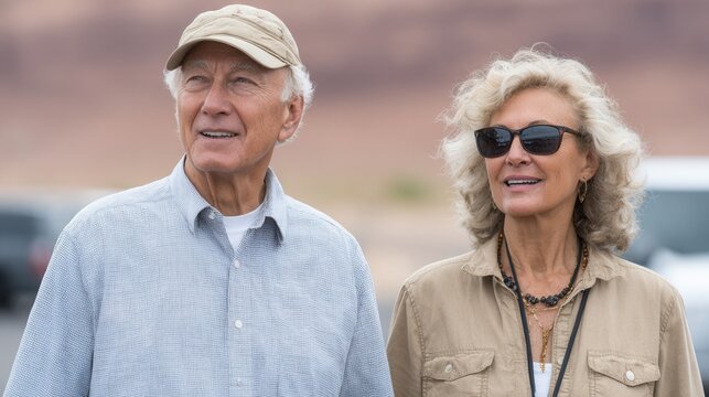 A cheerful senior couple exploring the outdoors, dressed casually, enjoying their time together in a scenic landscape. Perfect for travel and lifestyle themes.