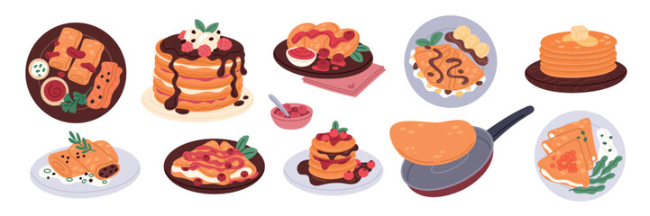 Tasty pancakes. Hot morning food, sweet and salty toppings, caramel syrup, honey and chocolate, different filling, pan fried breakfast on plate and pan, cartoon isolated garish vector set