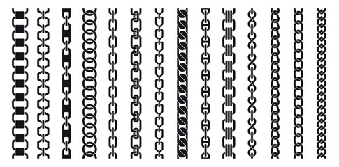 Silhouette chains. Different weaving black seamless borders, decorative jewelry for pendants, recurring metal segments, Elegant precious black necklaces nowaday vector isolated flat set