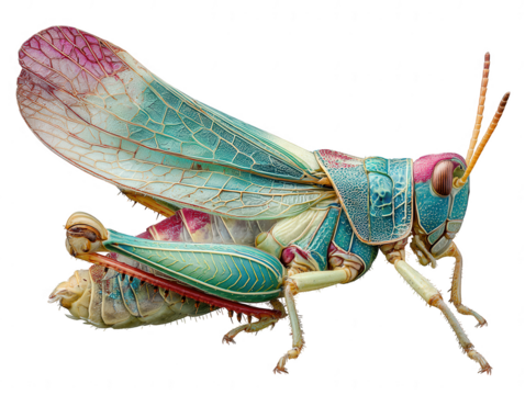 Detailed macro view of a vibrant grasshopper with intricate wing patterns isolated on transparent background