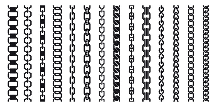 Silhouette chains. Different weaving black seamless borders, decorative jewelry for pendants, recurring metal segments, Elegant precious black necklaces nowaday vector isolated flat set