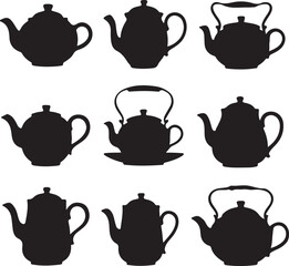 Set of tea kettle and teapot vector illustration silhouettes on white background. Tea kettle and coffee cups icon set