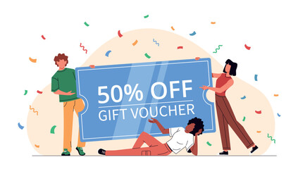 People with big gift card. Friends group with large voucher, discount and sale banner, happy characters with coupon, ad certificate cartoon flat style isolated nowaday vector concept