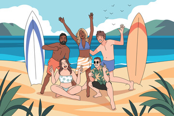 Obraz premium People posing beach. Happy friends group having fun, men and women with sups at sea, surfing on shore, summer vacation on ocean tropical resort, cartoon flat style tidy vector concept
