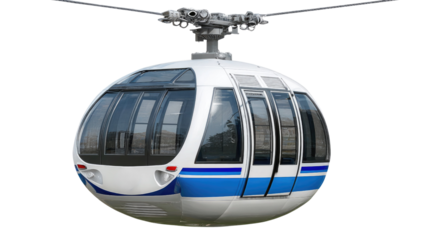 Modern cable car high above city with panoramic views against clear blue sky in urban landscape setting