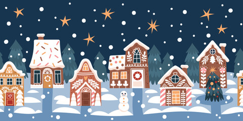 Fototapeta premium Gingerbread houses street. Cute christmas landscape with funny sweet glazed cookies, new year night city, home biscuits, xmas background cartoon flat style isolated tidy vector concept