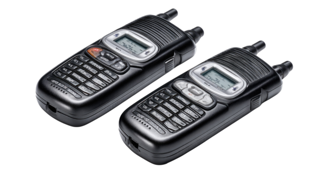 Two Black Walkie Talkies Isolated on White Background for Communication and Outdoor Use