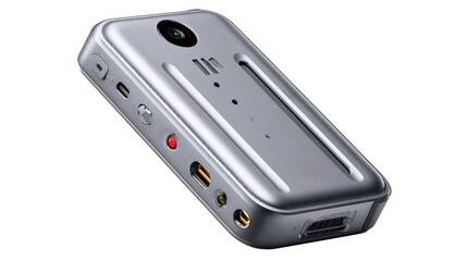 Compact Silver Device with Ports and Buttons for Audio and Video Connection in Modern Technology Setting