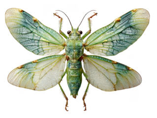 Detailed close up of a green grasshopper with intricate wing veins isolated on transparent background