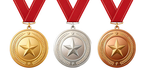 Three Awards Medals Emblems with Star Symbol in Gold Silver and Bronze for First Second and Third Place on Black Background