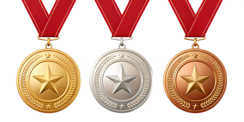 Three Awards Medals Emblems with Star Symbol in Gold Silver and Bronze for First Second and Third Place on Black Background