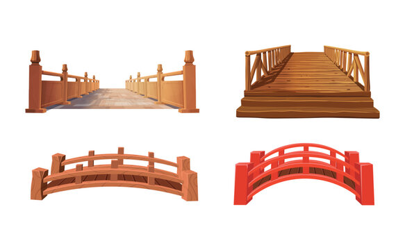 Set of bridges in perspective. Wooden bridge, stone bridge, Chinese bridge, Japanese bridge.Vector illustration of city street.
