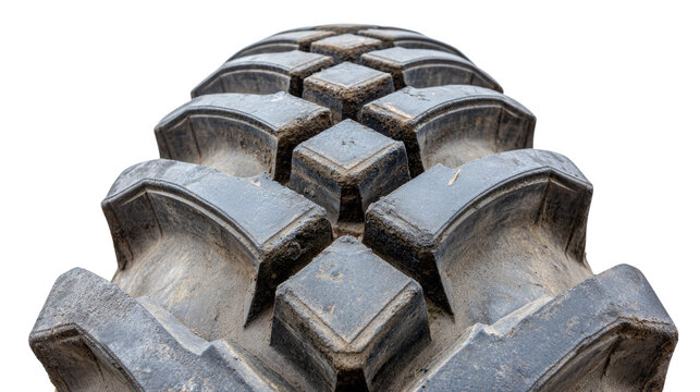 Close-Up View of Heavy-Duty Tire Tread Pattern on a Dirty Surface for Industrial and Agricultural Use