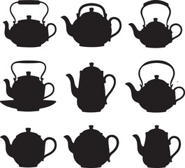 Set of tea kettle and teapot vector illustration silhouettes on white background. Tea kettle and coffee cups icon set