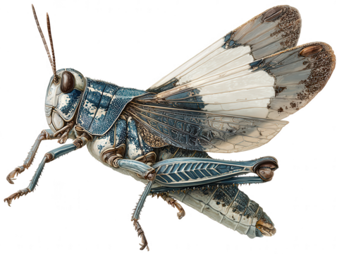 Detailed close up of a blue and white grasshopper isolated on transparent background