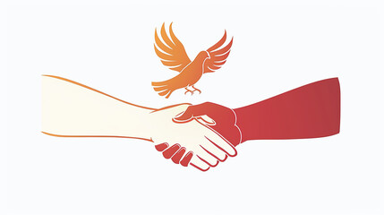 Minimalist vector of two hands shaking with peace dove above, International Day of Human Fraternity, isolated on white, clean modern design, high detail