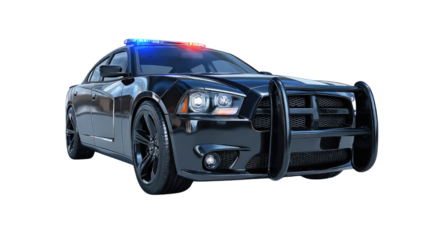 Black Police Car with Flashing Lights and Grille Guard Ready for Action on a Darkened Street Scene