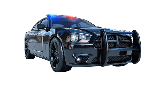 Black Police Car with Flashing Lights and Grille Guard Ready for Action on a Darkened Street Scene