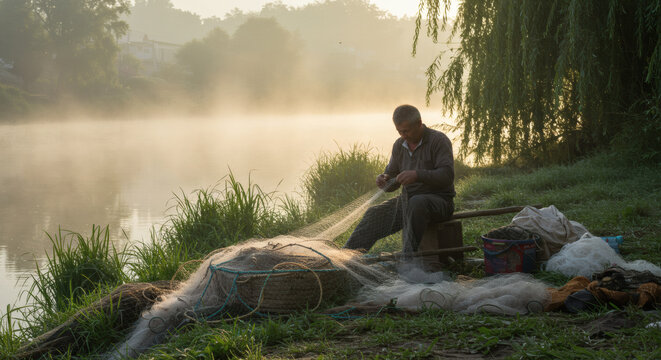 Fisherman preparing fishing net by a tranquil lake at sunrise, soft mist rising from water, serene moment