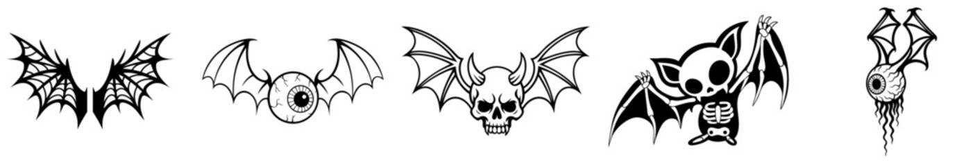 Set of demonic winged creatures with skulls, eyeballs and bat wings, creepy gothic monsters of darkness, haunted horror hybrids from nightmare and death