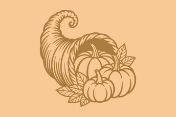 Vector illustration of a fall cornucopia decor with harvest pumpkins.