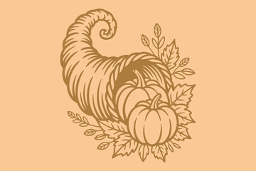 Hand drawn vector illustration of a harvest pumpkin cornucopia decoration.