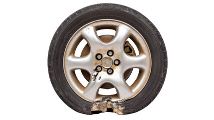 Obraz premium Damaged Car Wheel with Flat Tire and Corroded Rim on White Background for Automotive Industry Use