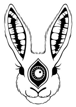 Seer Hare Third Eye Rabbit &mdash; prophetic creature with a forehead eye opening portals to broken dimensions, ears like twin mouths full of teeth receiving signals from other realities, oracle of paradoxe