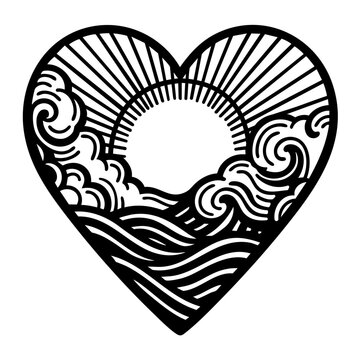 Heart with sun rays ocean waves and clouds