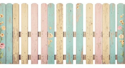 A pastel colored picket fence stands against a white background, with floral decorations on the edges. The wooden planks are distressed