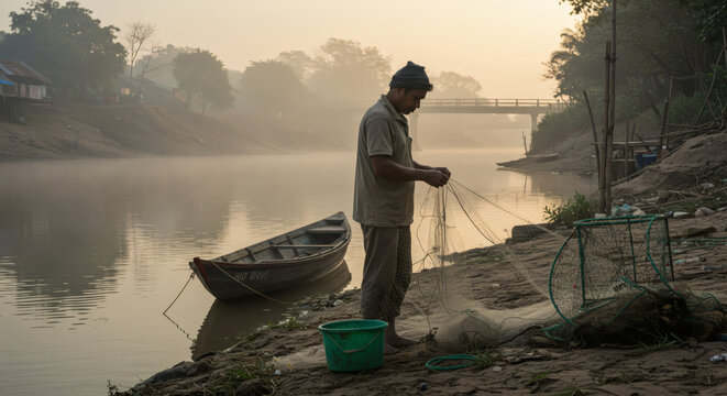 Fisherman Preparing His Net By The River At Sunrise