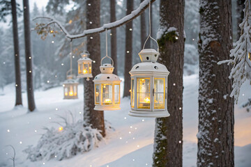 Naklejka premium White and gold lanterns hanging in snowy forest image