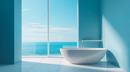 Bright minimalist bathroom with freestanding bathtub and ocean view. Blue walls create a calm atmosphere.