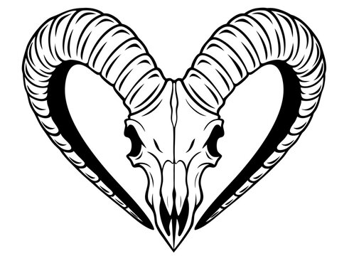 Skull with curved horns forming a heart symbol of forbidden love and sacrificial passion, ancient mystical emblem appearing on cave walls where mortals loved demons, horns as two halves of the world l
