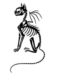 Winged cat skeleton. nude cat skeleton with bone wings. the hybrid resembles a guardian from the netherworld or a witch's familiar. Scaled muzzle, visible ribs and curved tail