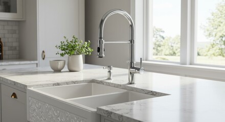 Sleek, chrome gooseneck kitchen faucet dominates a pristine white, double-basin farmhouse sink set in a light marble countertop, adjacent to a small vase of greenery, 