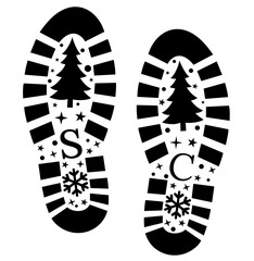 Santa Claus boot prints with Christmas trees and snowflakes, magical footprints left while secretly delivering gifts under the Christmas tree