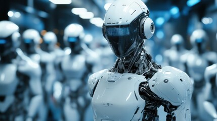 Futuristic Robot Android in High-Tech Environment with Multiple Units